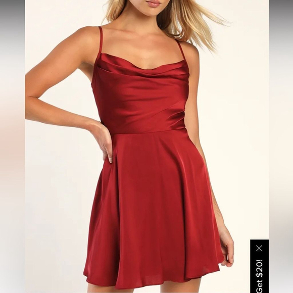 Lulus Dresses & Skirts - Lulus Fanciful Flirt Burgundy Satin Cowl Neck Skater Mini Dress Size Small